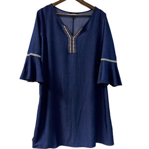 NAIF Size LG Blue Chambray Dress Embroidered Notch V-Neck 3/4 Bell Sleeves